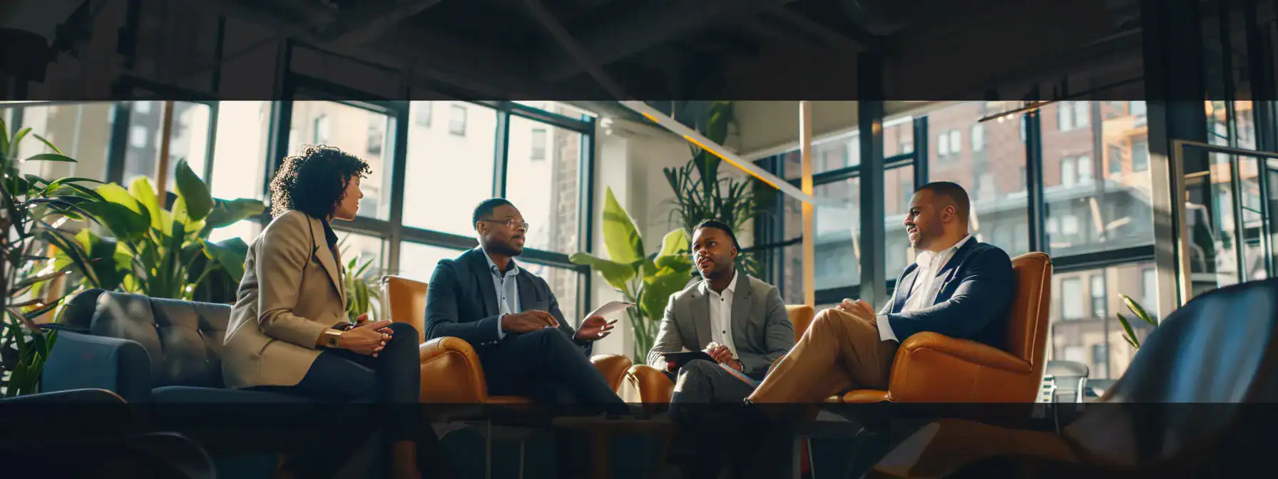 a diverse group of professionals discussing marketing trends in a modern office setting.