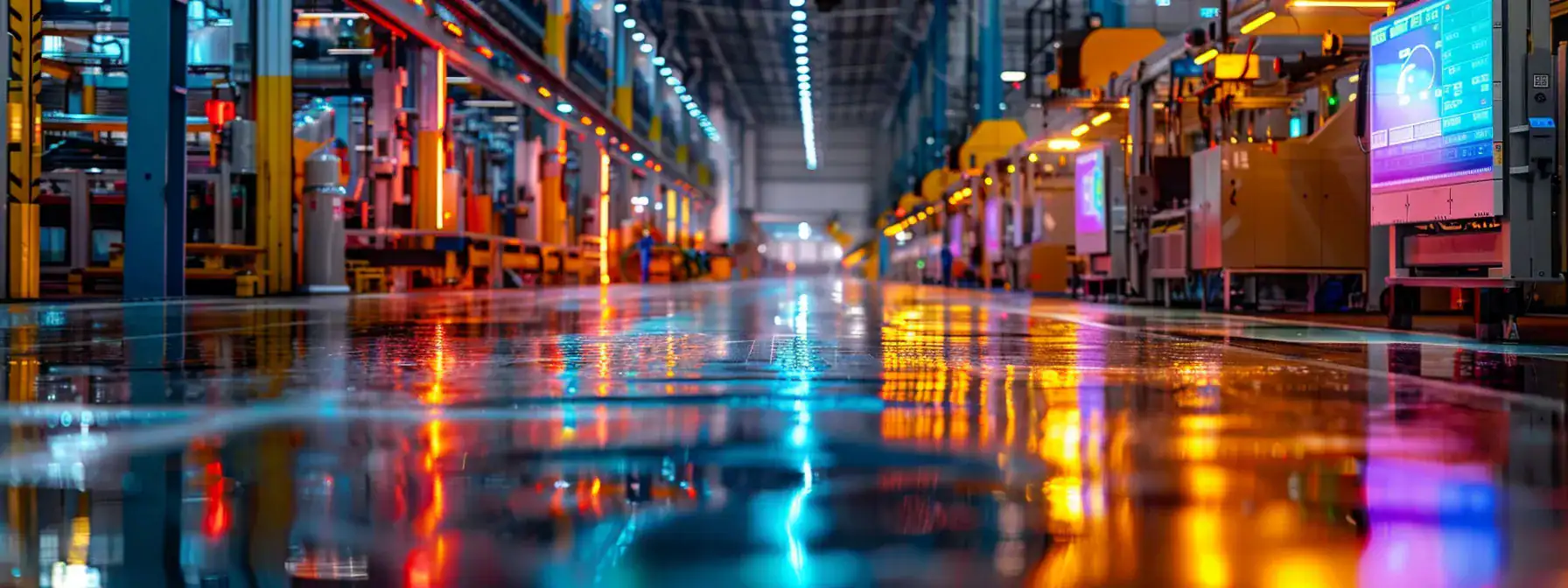 sparkling factory floor illuminated by colorful digital screens showcasing real-time production data, representing the transformative power of digital marketing in manufacturing industries.